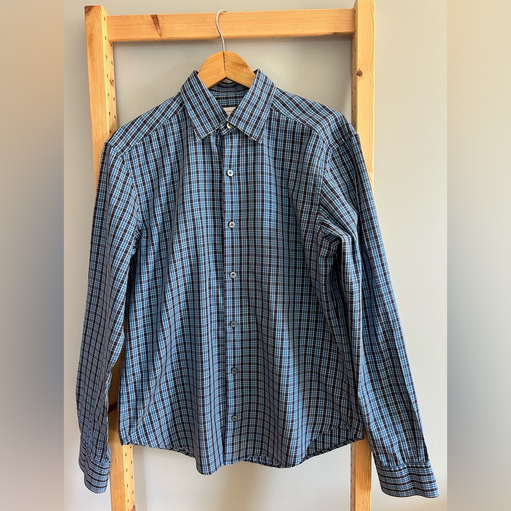 Ermenegildo Zegna Blue & Black Check Button Down Shirt Size M